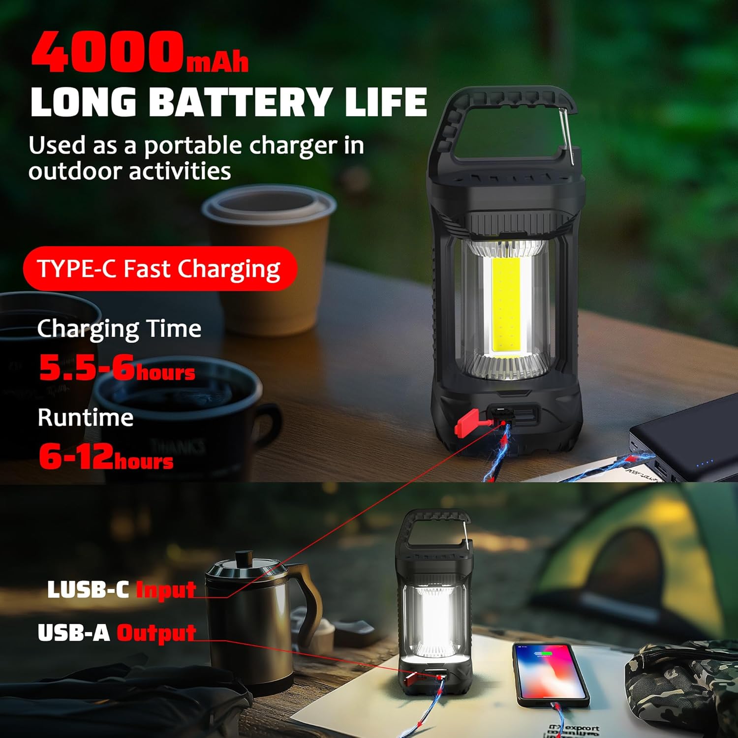2 Pack Camping Lantern Rechargeable, 2000LM Rechargeable Lantern with 4400mAh Battery, Waterproof LED Camping Light, Portable Lanterns for Power Outages, Hurricane and Outdoor Use - Image 3