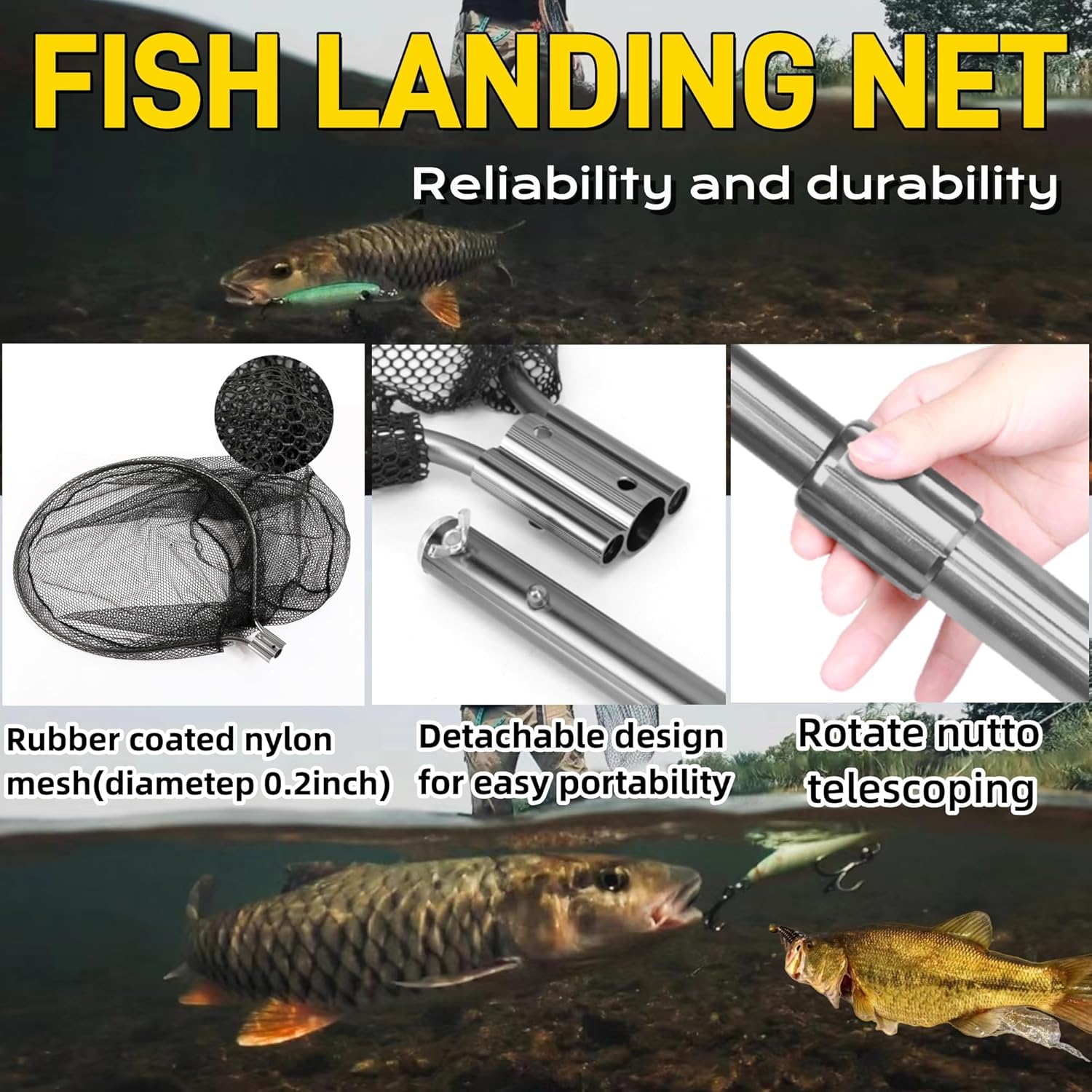 Heavy Duty Extra Large Aluminum Landing Net - Telescoping Handle (67-100in), 20in Net Opening for Saltwater Fishing - Image 3