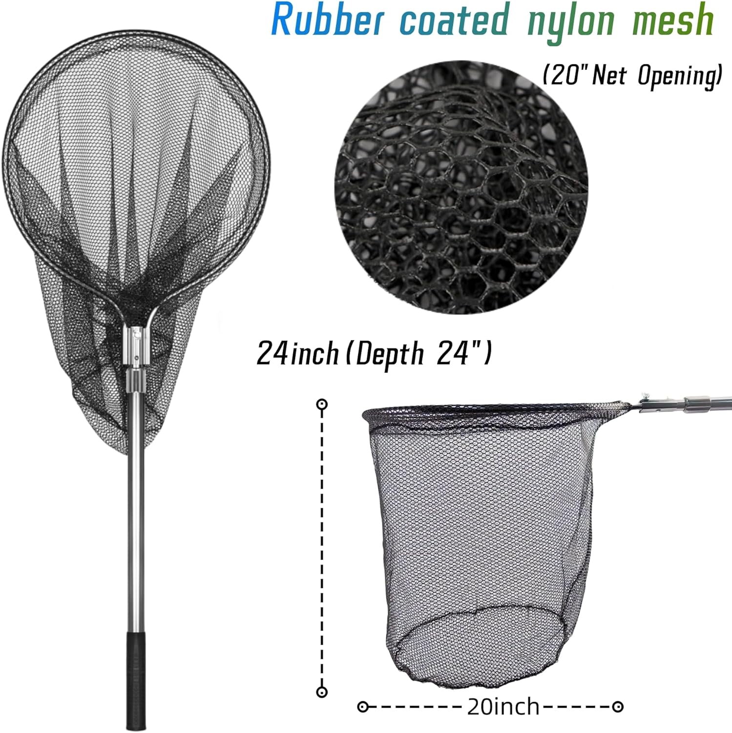 Heavy Duty Extra Large Aluminum Landing Net - Telescoping Handle (67-100in), 20in Net Opening for Saltwater Fishing - Image 6