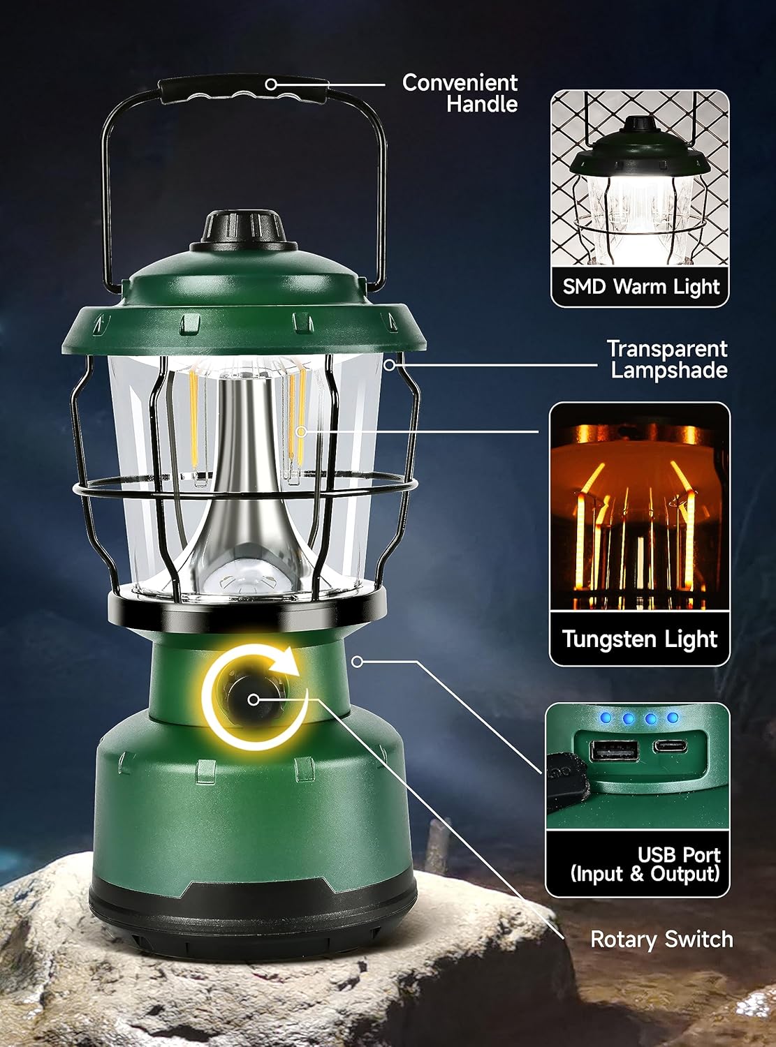 LED Camping Lantern, 2500LM Dimmable Vintage Rechargeable Lantern, Water Resistant Portable Emergency Lights for Camping, Home Power Outage, Hurricane, Hiking - Image 6
