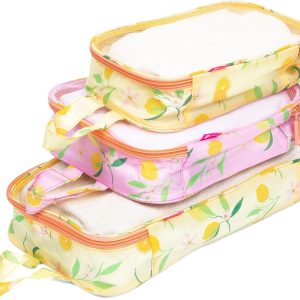 Miamica 3-Piece Packing Cubes, Lemon Yellow Pink Orange Design – Includes Small, Medium and Large Suitcase Organizers with Durable Design