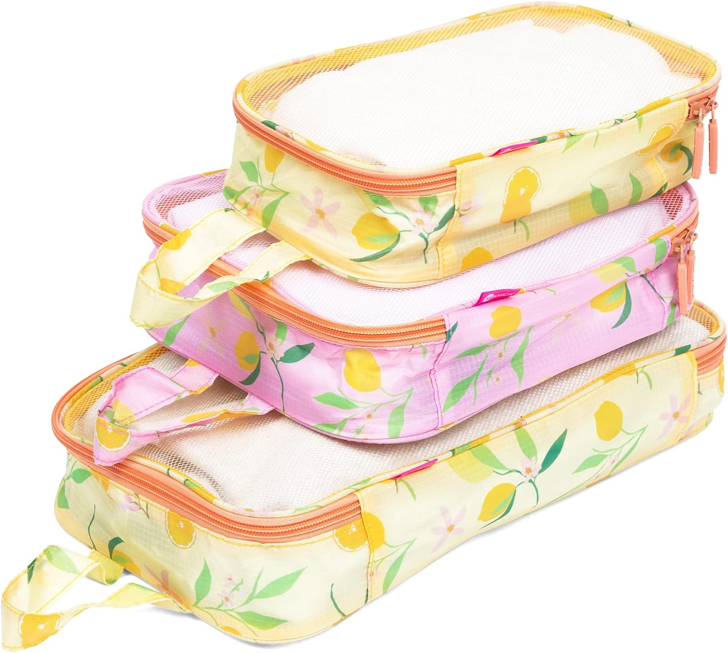 Miamica 3-Piece Packing Cubes, Lemon Yellow Pink Orange Design – Includes Small, Medium and Large Suitcase Organizers with Durable Design